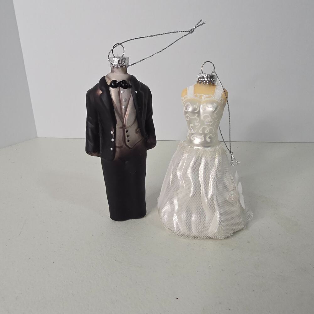 Robert Stanley glass Christmas ornaments wedding dress groom's suit